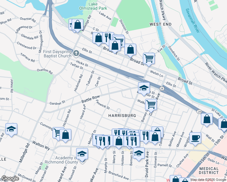 map of restaurants, bars, coffee shops, grocery stores, and more near 1944 Telfair Street in Augusta