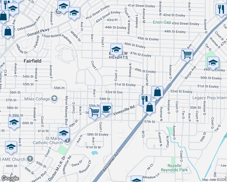 map of restaurants, bars, coffee shops, grocery stores, and more near 1009 51st Street Ensley in Birmingham