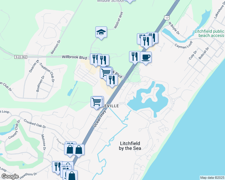 map of restaurants, bars, coffee shops, grocery stores, and more near 113 Willbrook Boulevard in Pawleys Island