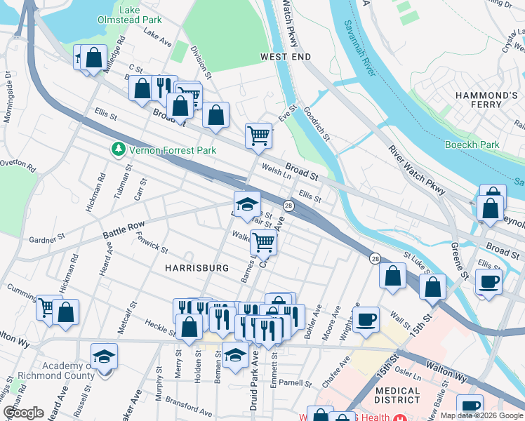 map of restaurants, bars, coffee shops, grocery stores, and more near 1838 Greene Street in Augusta