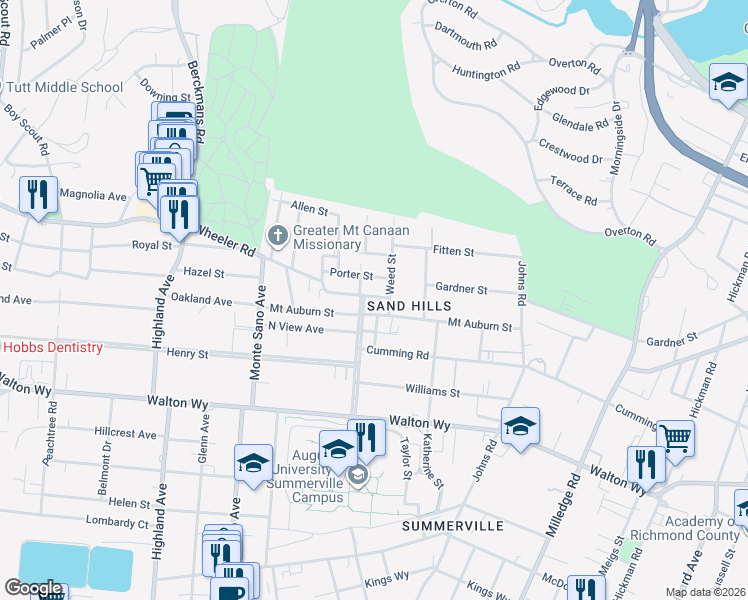 map of restaurants, bars, coffee shops, grocery stores, and more near 2438 Porter Street in Augusta