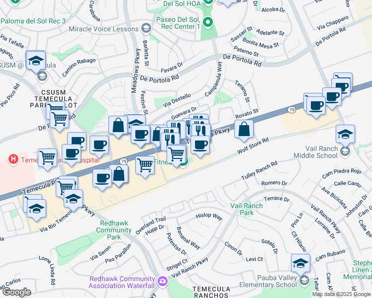 map of restaurants, bars, coffee shops, grocery stores, and more near 32499 Puerto Oro Street in Temecula