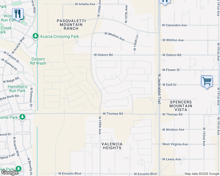map of restaurants, bars, coffee shops, grocery stores, and more near 19827 West Earll Drive in Buckeye