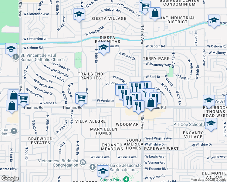 map of restaurants, bars, coffee shops, grocery stores, and more near 4517 West Catalina Drive in Phoenix