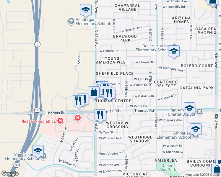 map of restaurants, bars, coffee shops, grocery stores, and more near 8930 West Avalon Drive in Phoenix