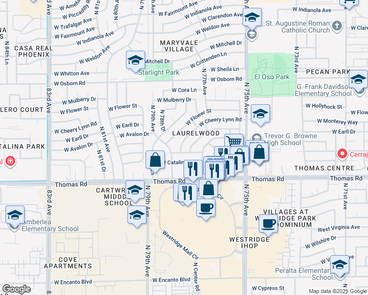 map of restaurants, bars, coffee shops, grocery stores, and more near 7815 West Cheery Lynn Road in Phoenix