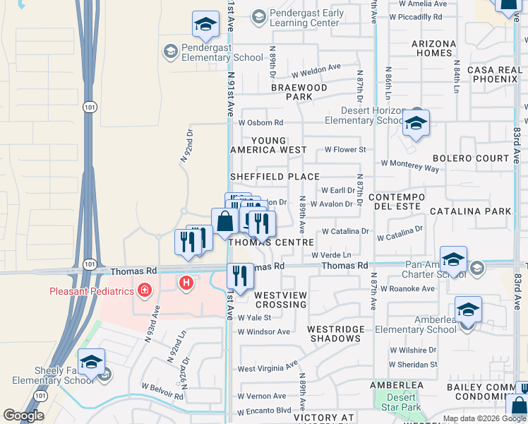 map of restaurants, bars, coffee shops, grocery stores, and more near 8930 West Avalon Drive in Phoenix