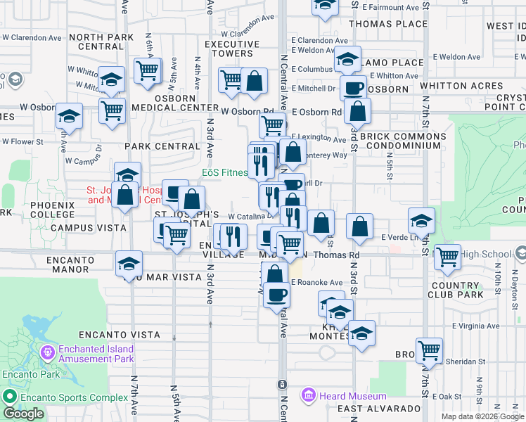 map of restaurants, bars, coffee shops, grocery stores, and more near 100 West Catalina Drive in Phoenix