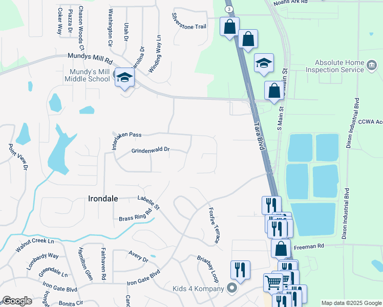 map of restaurants, bars, coffee shops, grocery stores, and more near 9980 Neuchatel Crescent in Jonesboro