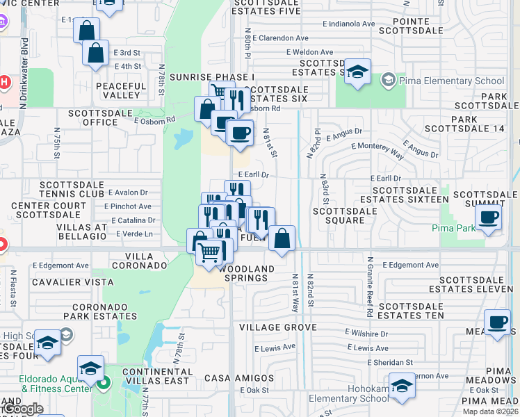 map of restaurants, bars, coffee shops, grocery stores, and more near 3015 Hayden Road in Scottsdale