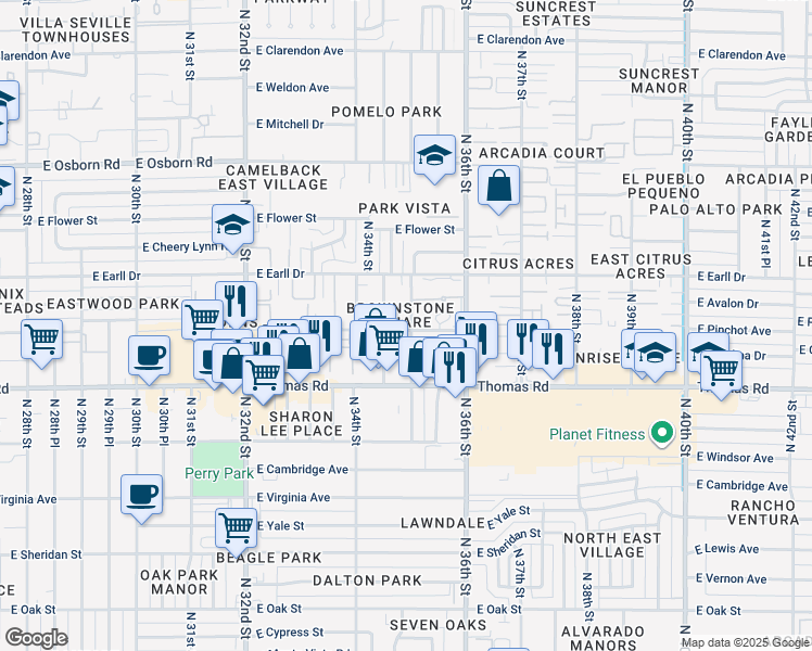 map of restaurants, bars, coffee shops, grocery stores, and more near 3455 East Lance Lane in Phoenix