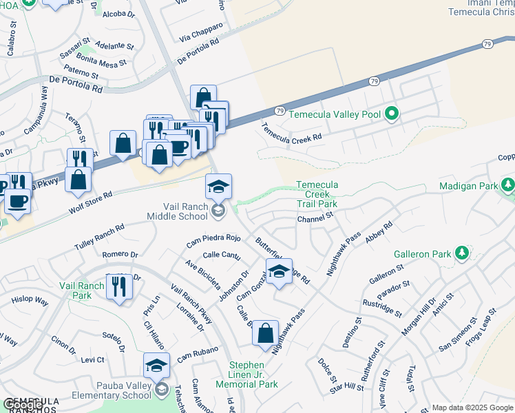 map of restaurants, bars, coffee shops, grocery stores, and more near 33432 Winston Way in Temecula