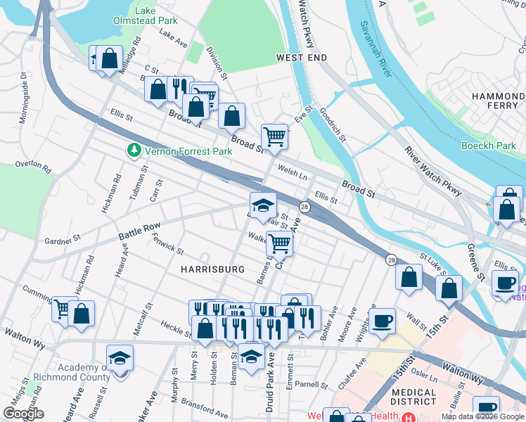 map of restaurants, bars, coffee shops, grocery stores, and more near 1907 Hicks Street in Augusta