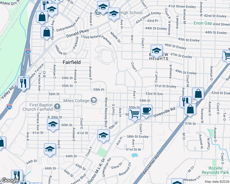 map of restaurants, bars, coffee shops, grocery stores, and more near 5219 Court G in Fairfield