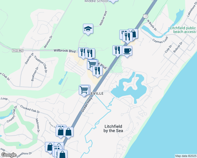 map of restaurants, bars, coffee shops, grocery stores, and more near 113 Willbrook Boulevard in Pawleys Island