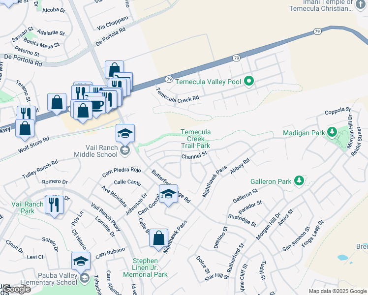 map of restaurants, bars, coffee shops, grocery stores, and more near 33592 Winston Way in Temecula
