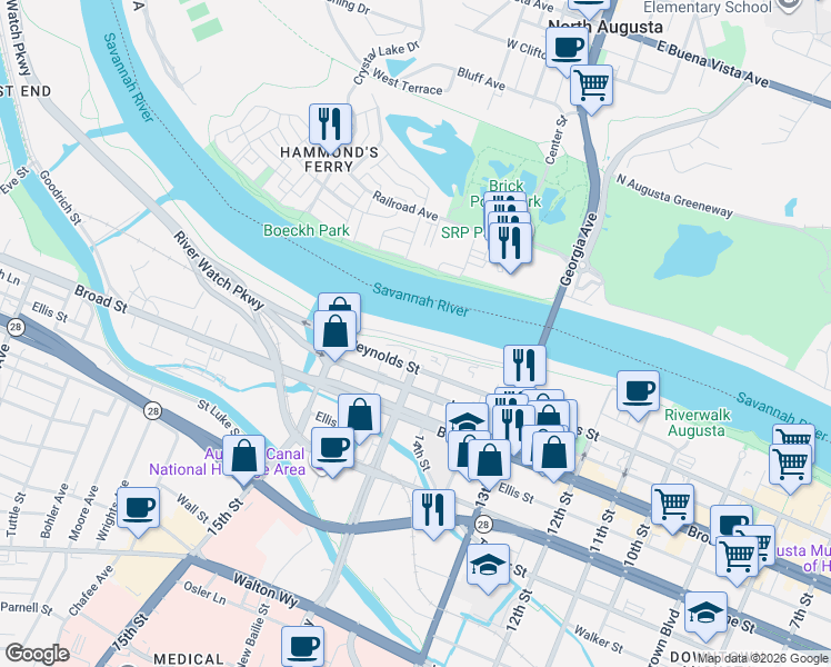 map of restaurants, bars, coffee shops, grocery stores, and more near 1411 Waters Edge Drive in Augusta