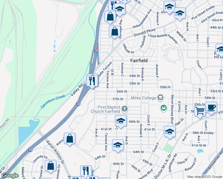 map of restaurants, bars, coffee shops, grocery stores, and more near 5509 Terrace Avenue in Fairfield