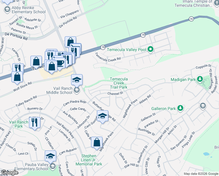 map of restaurants, bars, coffee shops, grocery stores, and more near 33592 Winston Way in Temecula