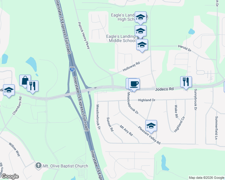 map of restaurants, bars, coffee shops, grocery stores, and more near 3119 Jodeco Road in McDonough