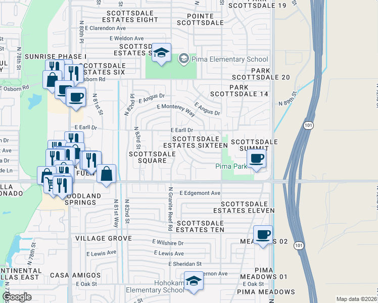 map of restaurants, bars, coffee shops, grocery stores, and more near 3030 North 85th Street in Scottsdale
