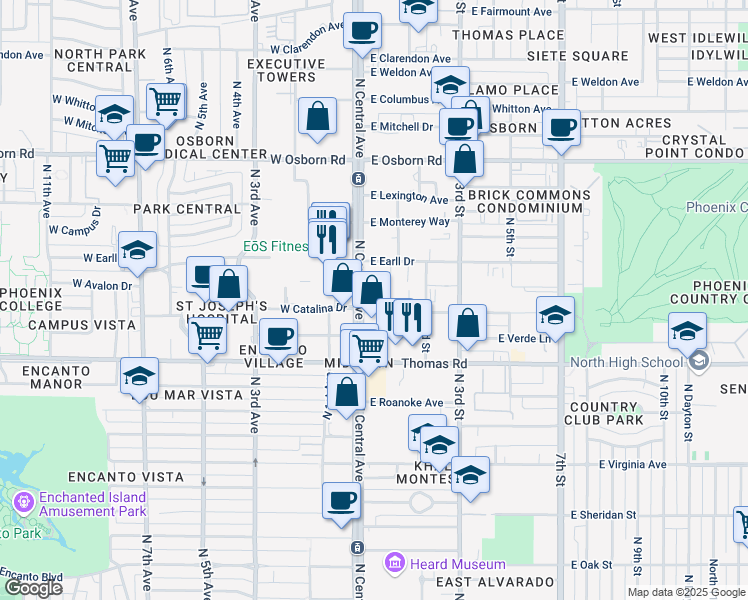 map of restaurants, bars, coffee shops, grocery stores, and more near 3003 North Central Avenue in Phoenix