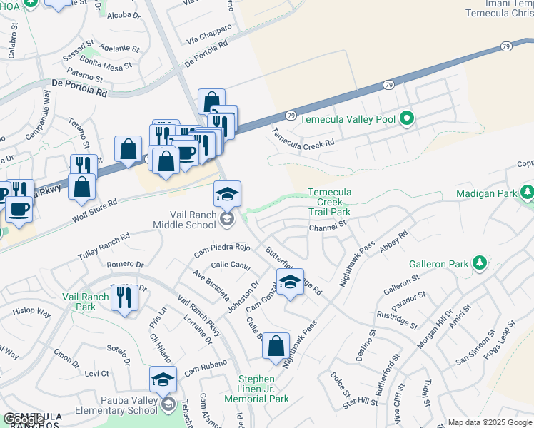 map of restaurants, bars, coffee shops, grocery stores, and more near 33432 Winston Way in Temecula
