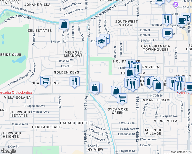 map of restaurants, bars, coffee shops, grocery stores, and more near 46 North 64th Street in Scottsdale