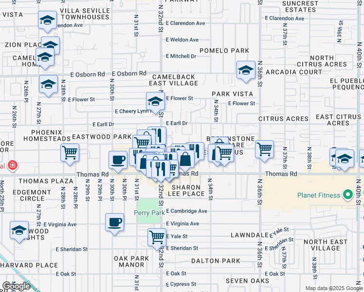 map of restaurants, bars, coffee shops, grocery stores, and more near 2320 East Pinchot Avenue in Phoenix