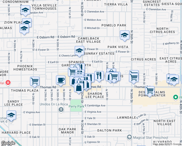 map of restaurants, bars, coffee shops, grocery stores, and more near 2320 East Pinchot Avenue in Phoenix
