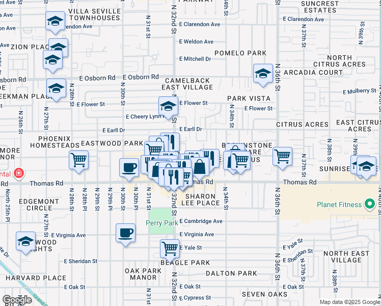 map of restaurants, bars, coffee shops, grocery stores, and more near 2320 East Pinchot Avenue in Phoenix