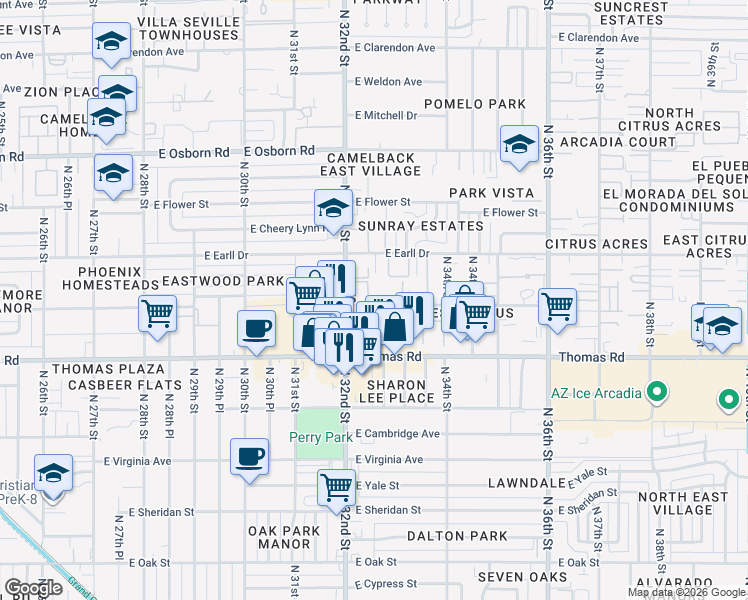 map of restaurants, bars, coffee shops, grocery stores, and more near 2320 East Pinchot Avenue in Phoenix