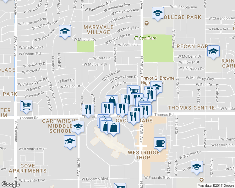 map of restaurants, bars, coffee shops, grocery stores, and more near 7630 West Avalon Drive in Phoenix