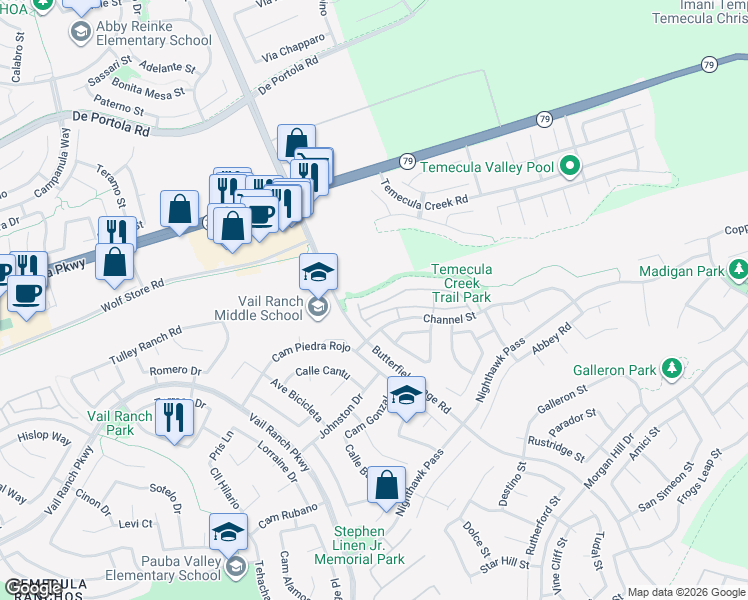 map of restaurants, bars, coffee shops, grocery stores, and more near 33448 Winston Way in Temecula