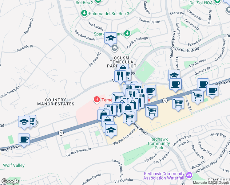 map of restaurants, bars, coffee shops, grocery stores, and more near 44065 Margarita Road in Temecula