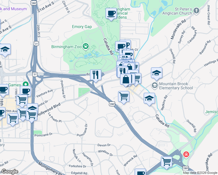 map of restaurants, bars, coffee shops, grocery stores, and more near 409 Hollywood Boulevard in Birmingham