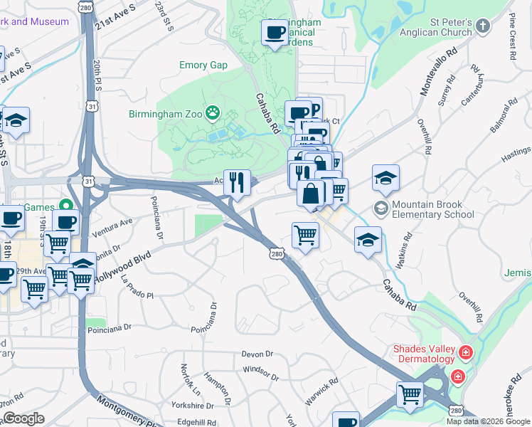 map of restaurants, bars, coffee shops, grocery stores, and more near 409 Hollywood Boulevard in Birmingham