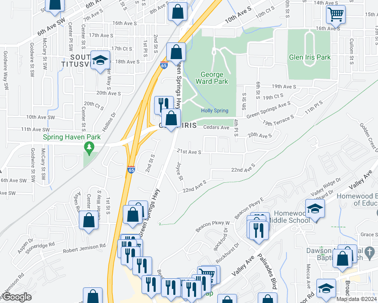 map of restaurants, bars, coffee shops, grocery stores, and more near 250 21st Avenue South in Birmingham
