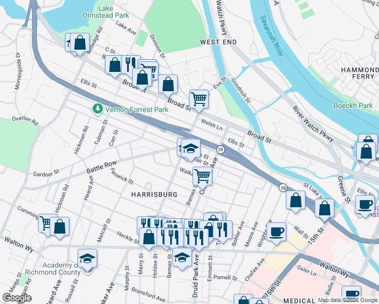 map of restaurants, bars, coffee shops, grocery stores, and more near 1907 Hicks Street in Augusta