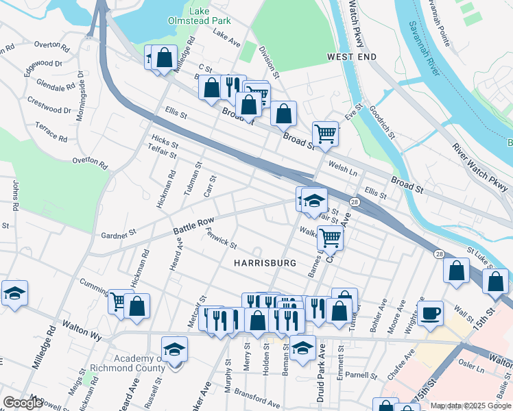 map of restaurants, bars, coffee shops, grocery stores, and more near 1944 Telfair Street in Augusta