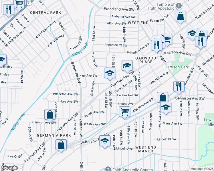map of restaurants, bars, coffee shops, grocery stores, and more near 2005 Pearson Court Southwest in Birmingham
