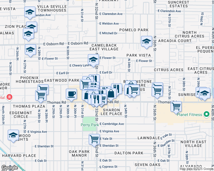 map of restaurants, bars, coffee shops, grocery stores, and more near 2320 East Pinchot Avenue in Phoenix