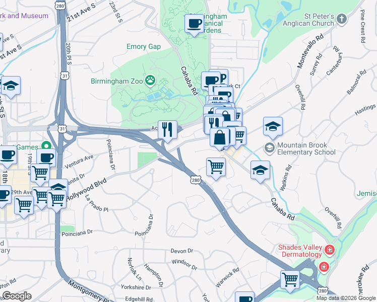 map of restaurants, bars, coffee shops, grocery stores, and more near 409 Hollywood Boulevard in Birmingham