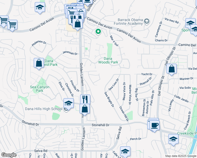 map of restaurants, bars, coffee shops, grocery stores, and more near 33075 Sunharbor in Dana Point