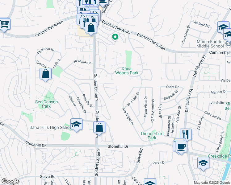 map of restaurants, bars, coffee shops, grocery stores, and more near 33075 Sunharbor in Dana Point