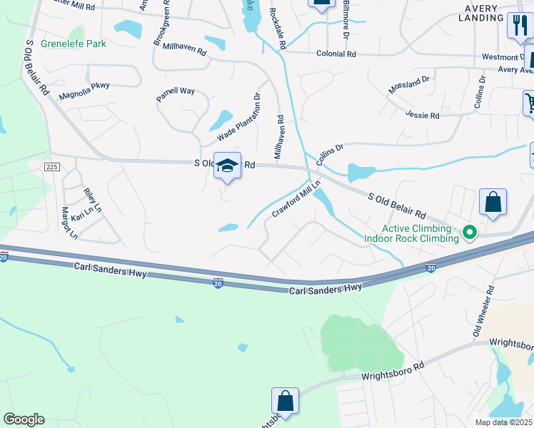 map of restaurants, bars, coffee shops, grocery stores, and more near 335 Crawford Mill Lane in Grovetown