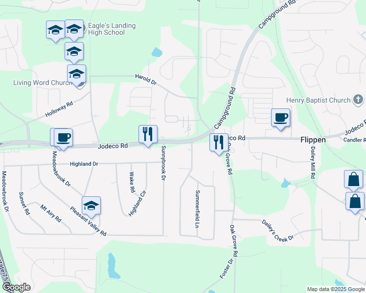 map of restaurants, bars, coffee shops, grocery stores, and more near 3540 Jodeco Road in McDonough