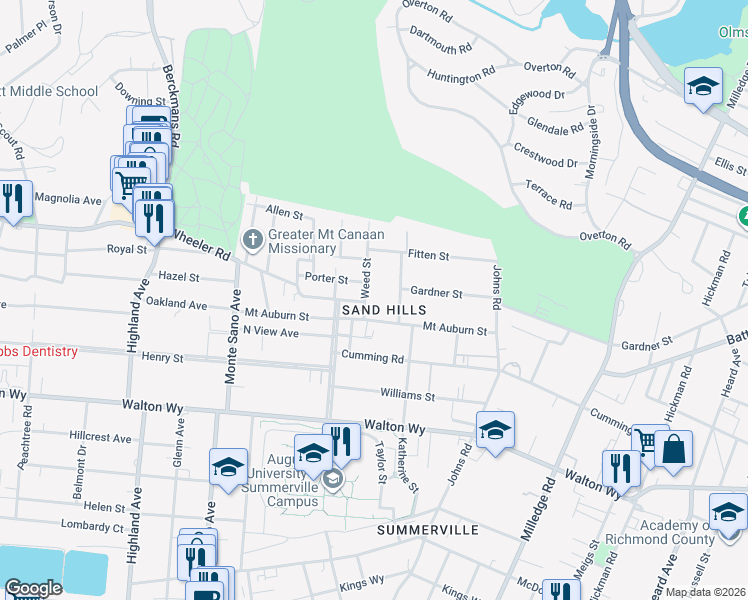map of restaurants, bars, coffee shops, grocery stores, and more near 627 Montgomery Street in Augusta