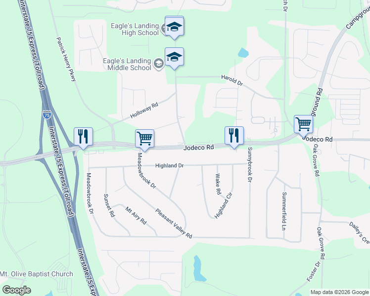 map of restaurants, bars, coffee shops, grocery stores, and more near 3283 Jodeco Road in McDonough