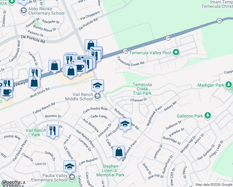 map of restaurants, bars, coffee shops, grocery stores, and more near 33448 Winston Way in Temecula